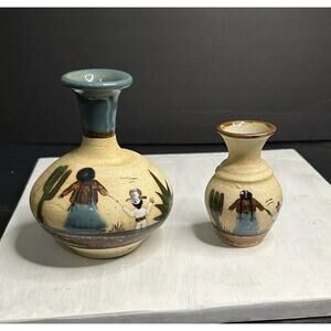 (2) Vintage Mexican Clay Pottery Handcrafted Water Jug Vase Mother and Children